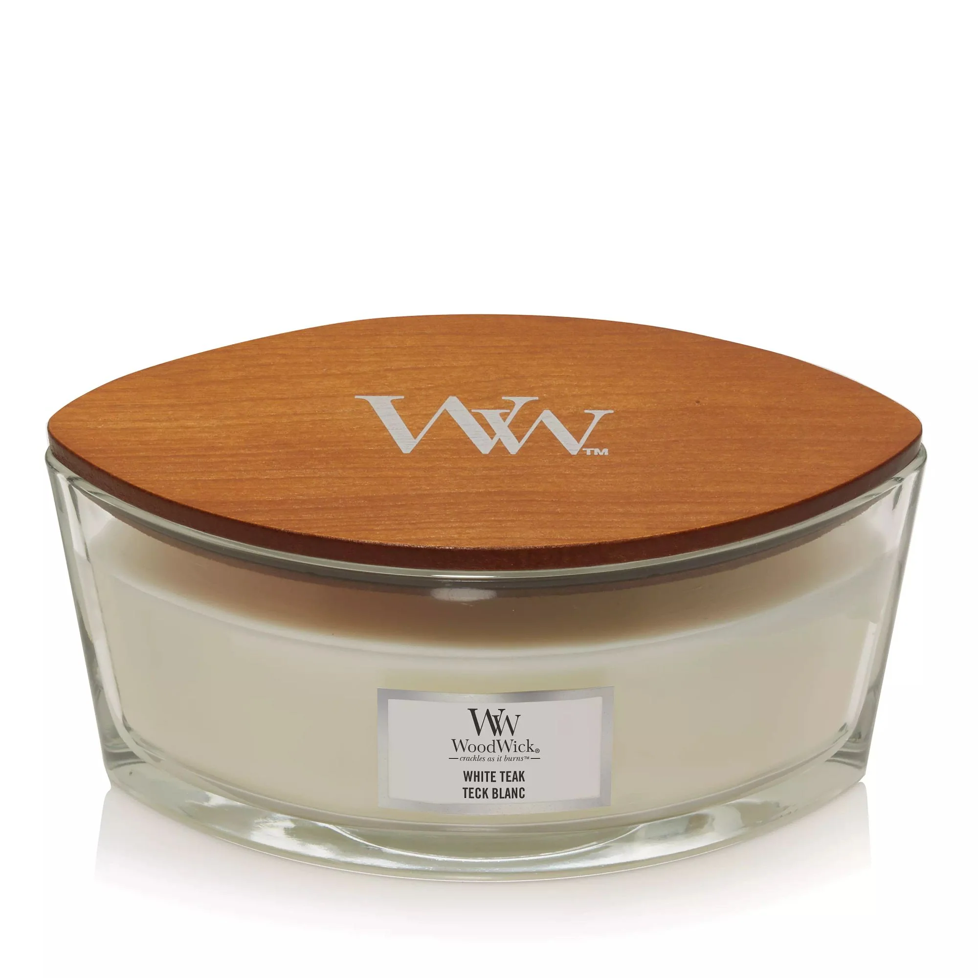 White Teak Ellipse Wood Wick Candle - Image 4